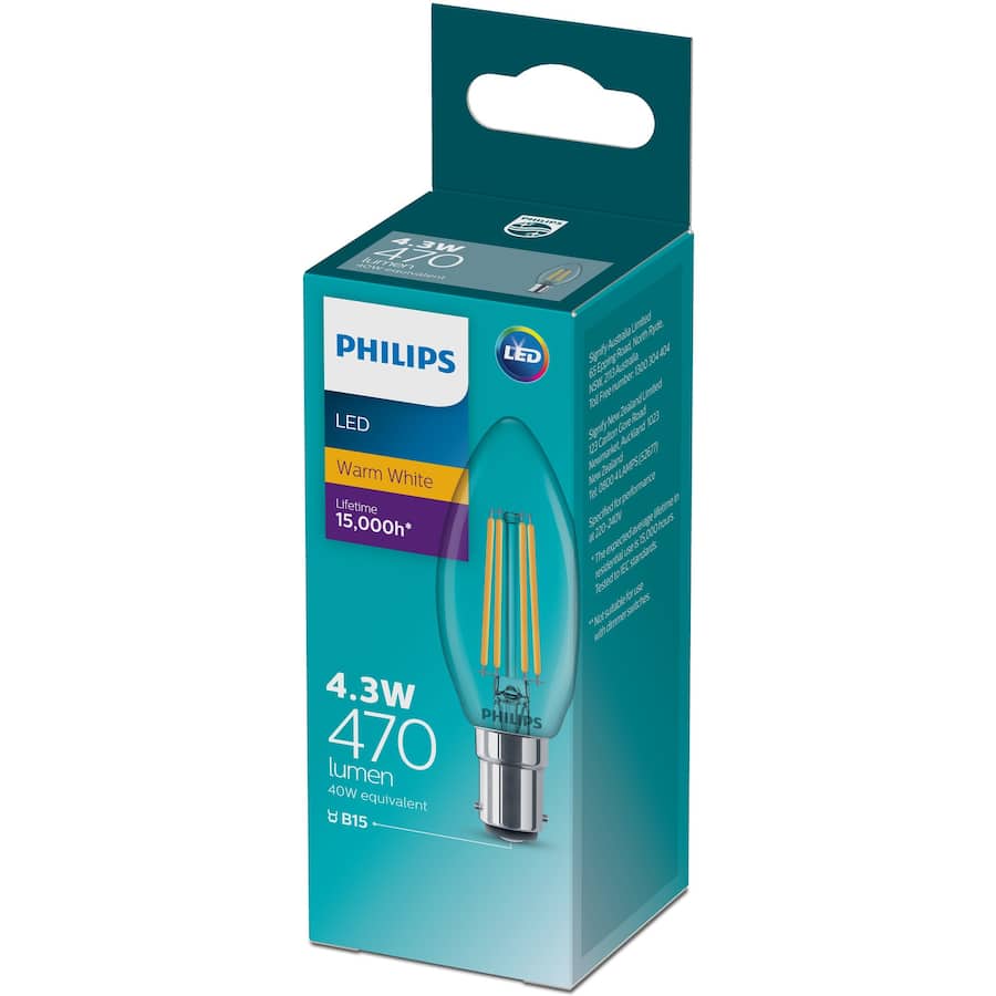 Philips Bayonet Candle Bulb Led 4.3w 470 Lumen Warm White 1pack