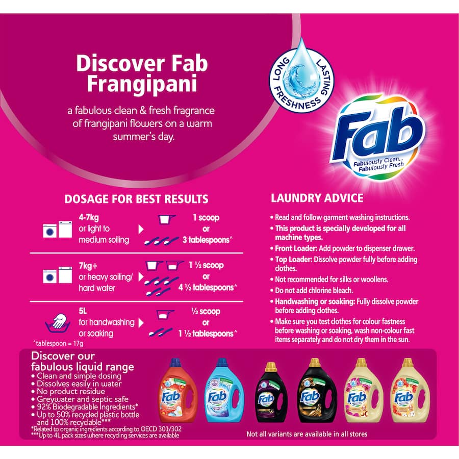 Fab Laundry Powder Fresh Frangipani Front & Top 1kg