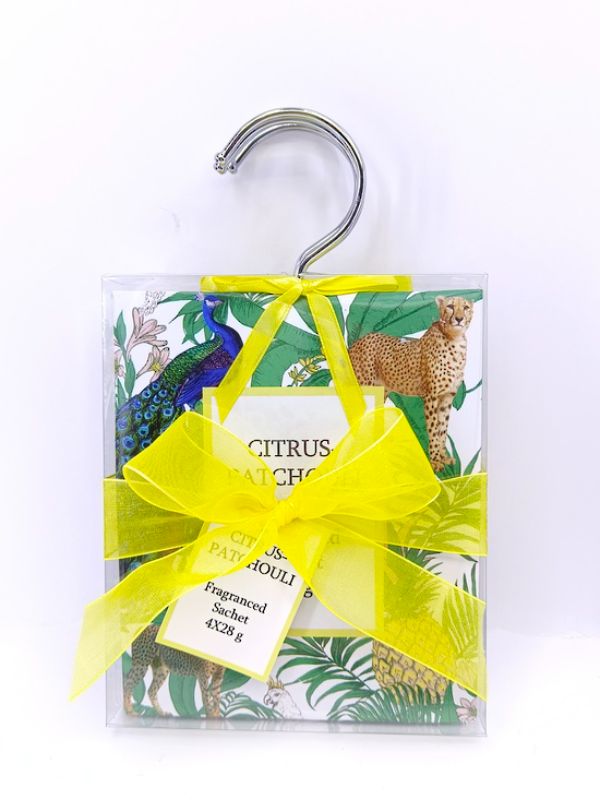 Four fragrant sachets featuring zesty citrus and earthy patchouli, perfect for freshening up closets and storage areas.