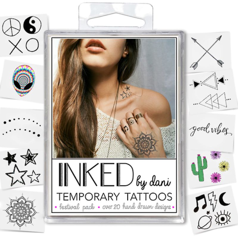 Inked Temporary Tattoos Festival Pack featuring vibrant designs, vegan ink, and easy application for stylish self-expression.