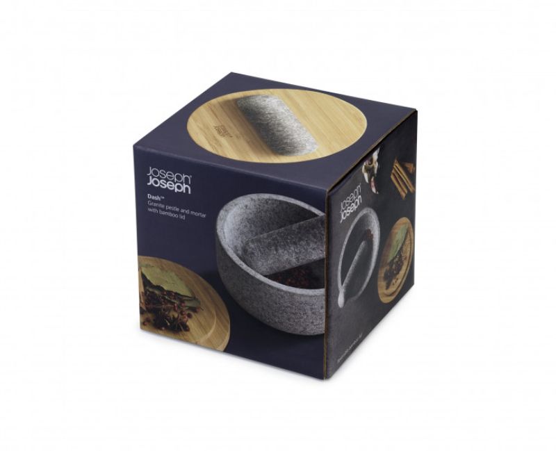 Joseph Joseph Dash Pestle & Mortar featuring natural granite and a reversible bamboo lid for grinding spices and herbs.