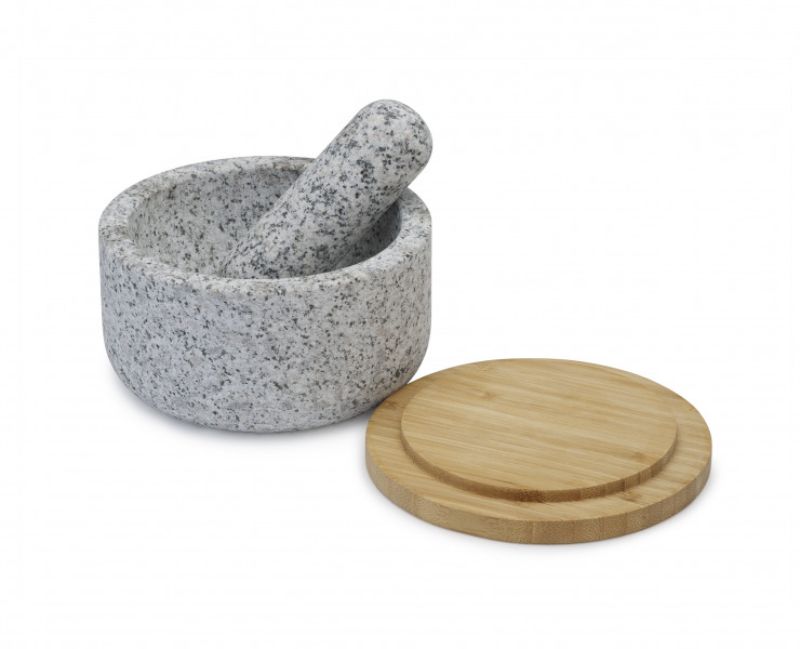 Joseph Joseph Dash Pestle & Mortar in natural granite with reversible bamboo lid, perfect for grinding spices and herbs.