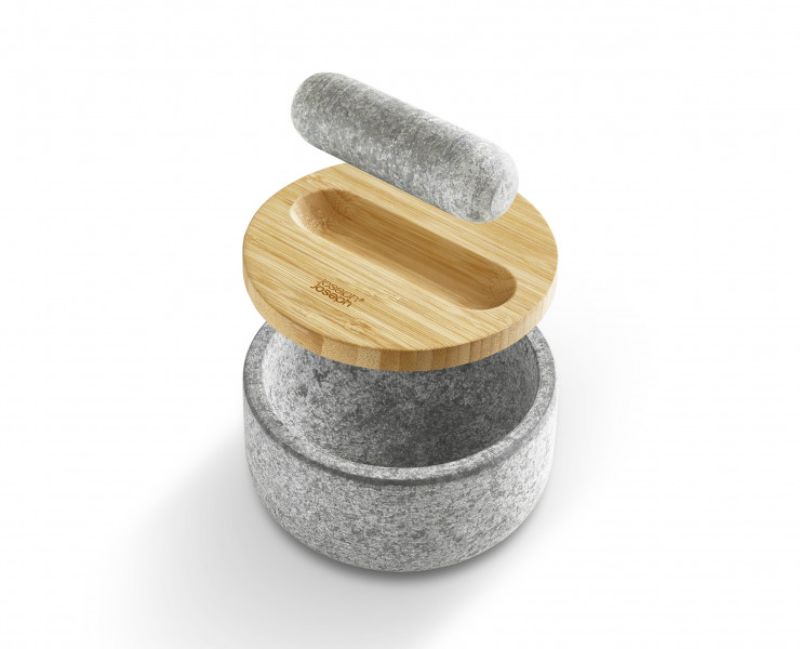 Joseph Joseph Dash Pestle & Mortar in granite with reversible bamboo lid, ideal for grinding spices and herbs.