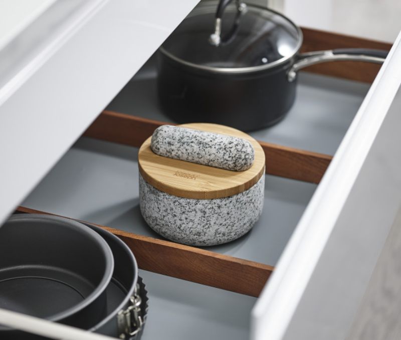 Joseph Joseph Dash Pestle & Mortar in natural granite, with reversible bamboo lid for grinding spices and food prep.