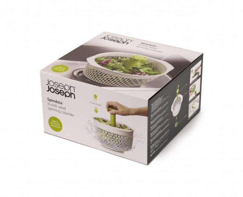 Joseph Joseph Spindola colander features a pump-action mechanism for spinning, rinsing, and drying vegetables and fruits.