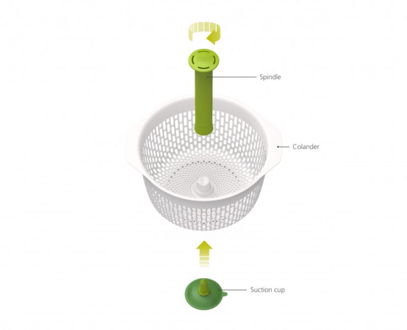 Joseph Joseph Spindola Spinning Colander, a sleek 2-in-1 gadget for rinsing and drying fruits and veggies with ease.