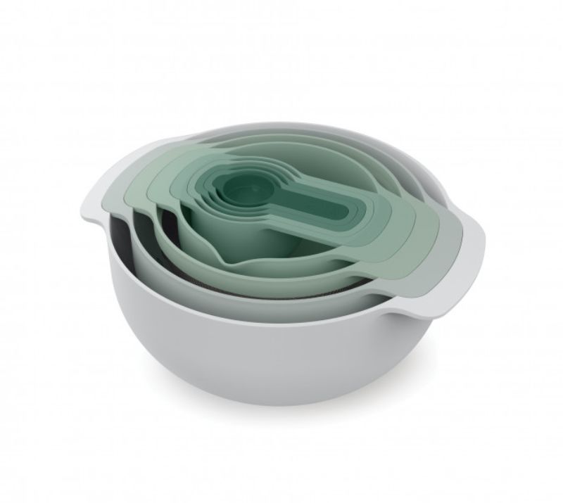 Joseph Joseph Nest 9 Piece Bowls Set in sage green, featuring nesting design, various bowl sizes, measuring cups, and colander.