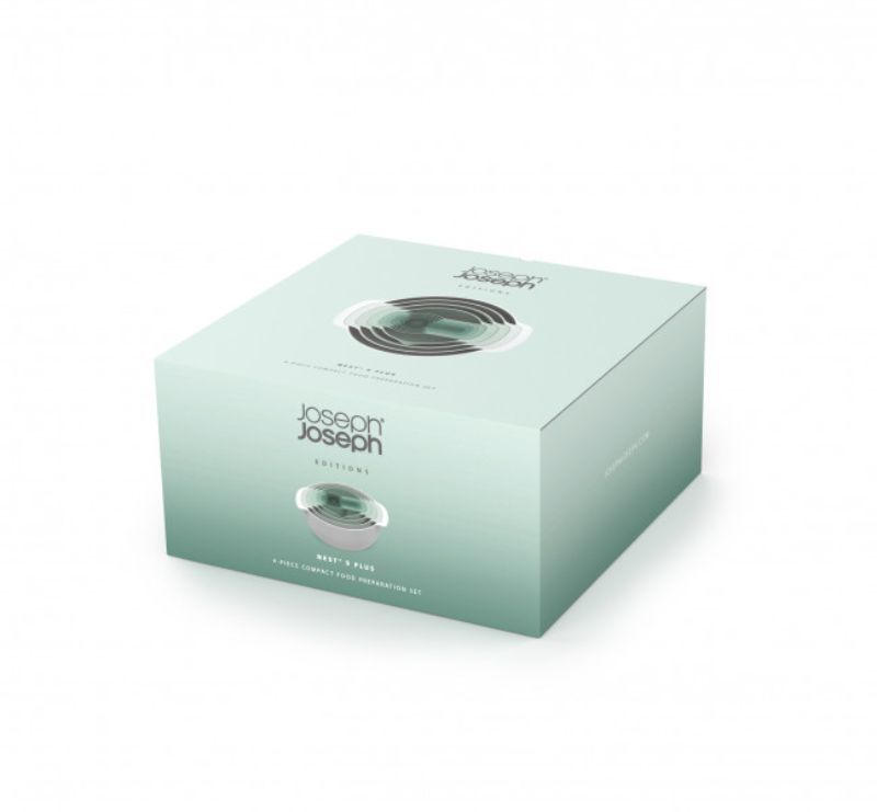 Joseph Joseph Nest 9 Piece Bowls Set in sage green, featuring stackable bowls, measuring cups, and a colander for efficient kitchen use.