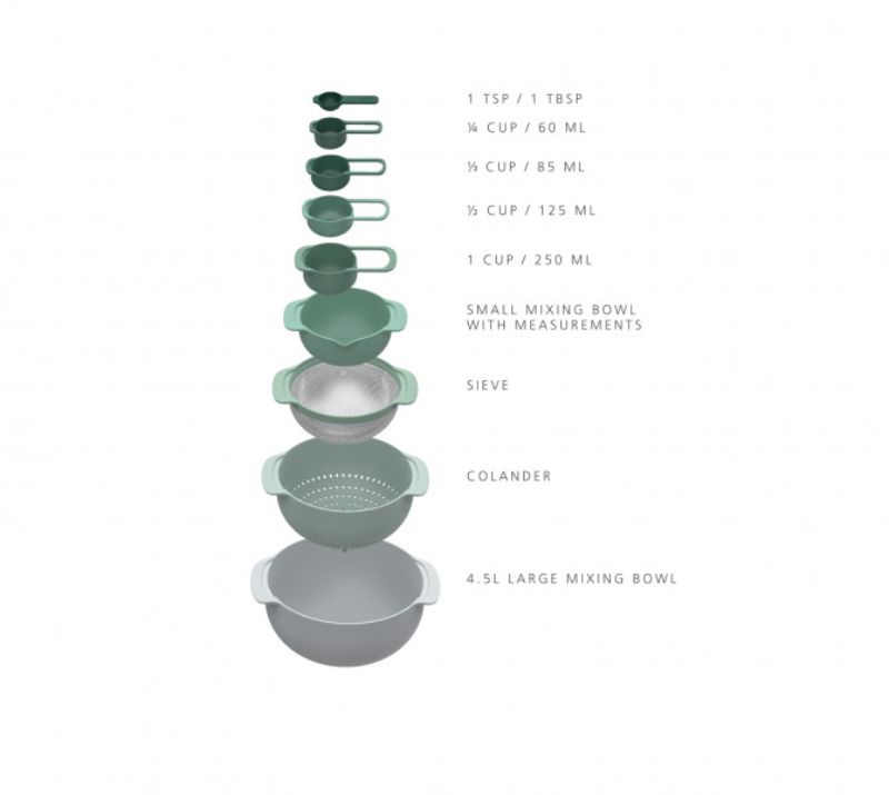 Joseph Joseph Nest 9 Piece Bowls Set in sage green, featuring nesting design, non-slip base, and measuring cups.