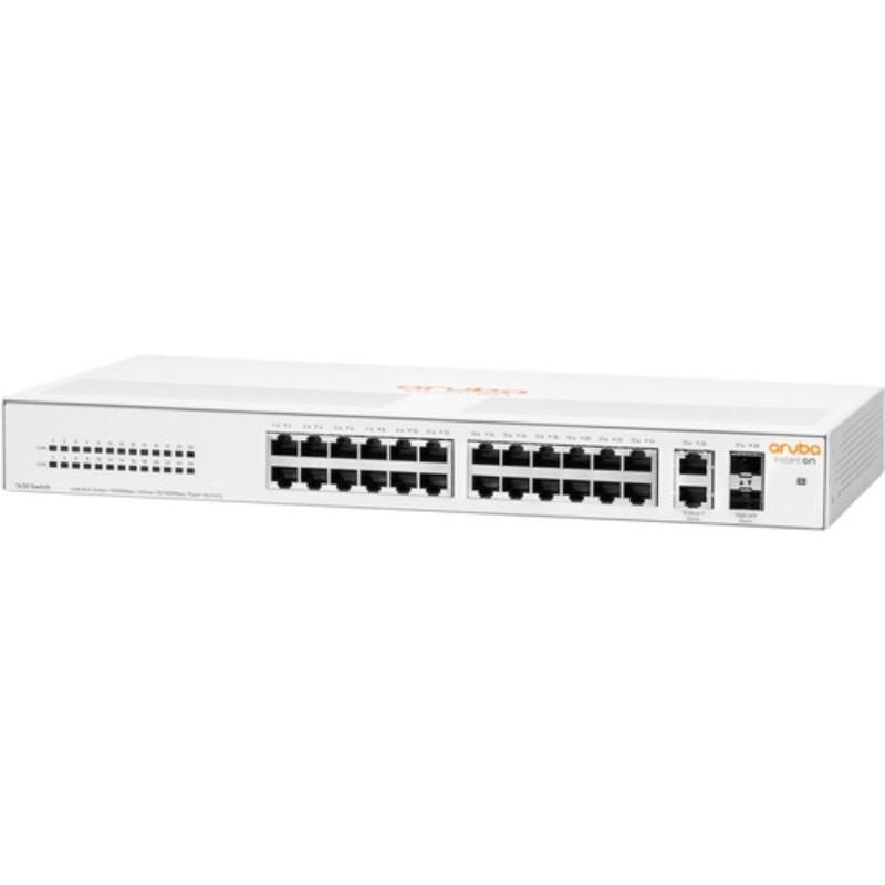Aruba Instant On 1430 26G Switch: 26-Port Gigabit Ethernet with PoE, dual SFP uplinks, ideal for small businesses.