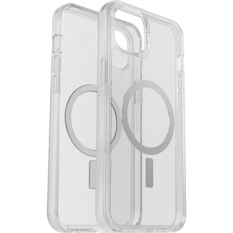 Clear OtterBox iPhone 14 Plus case with MagSafe, antimicrobial protection, and durable stay-clear design.