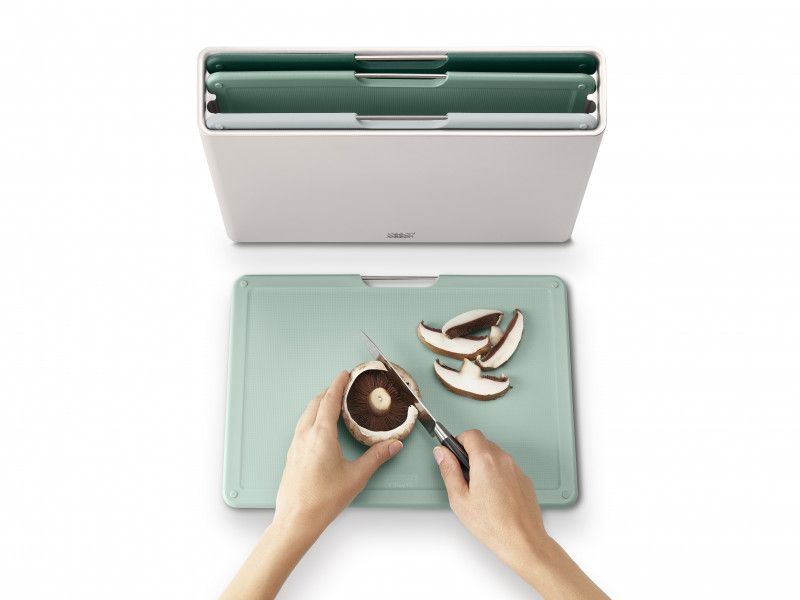 Joseph Joseph Folio Large Sage features four color-coded, knife-friendly chopping boards in a tiered design for efficient meal prep.