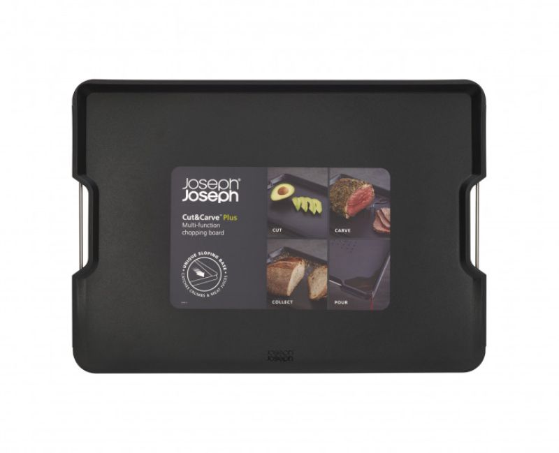 Joseph Joseph Cut & Carve Plus XL Black, a double-sided chopping board with meat grip, non-slip edges, and easy-pour corners.