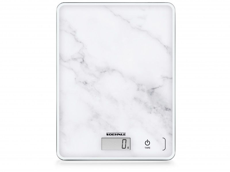 Soehnle Digital Kitchen Scale featuring a marble design, 5 kg capacity, 12 mm LCD display, and sensor touch technology.