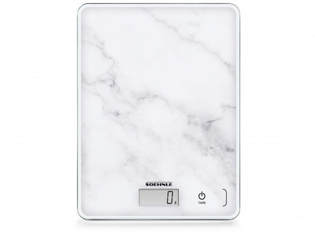 Soehnle Digital Kitchen Scale featuring a marble design, 5 kg capacity, 12 mm LCD display, and sensor touch technology.