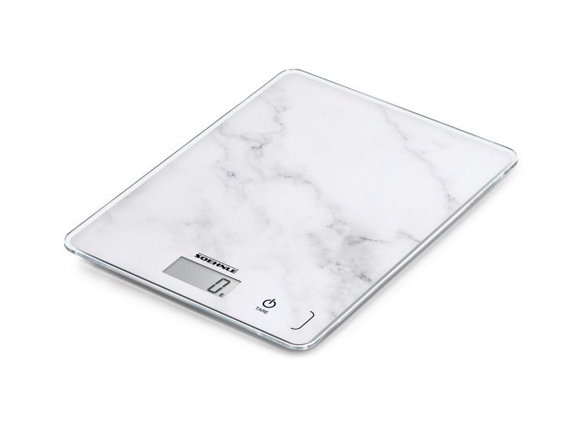 Soehnle Digital Kitchen Scale in stylish marble design for accurate weighing up to 5 kg, featuring sensor touch and LCD display.