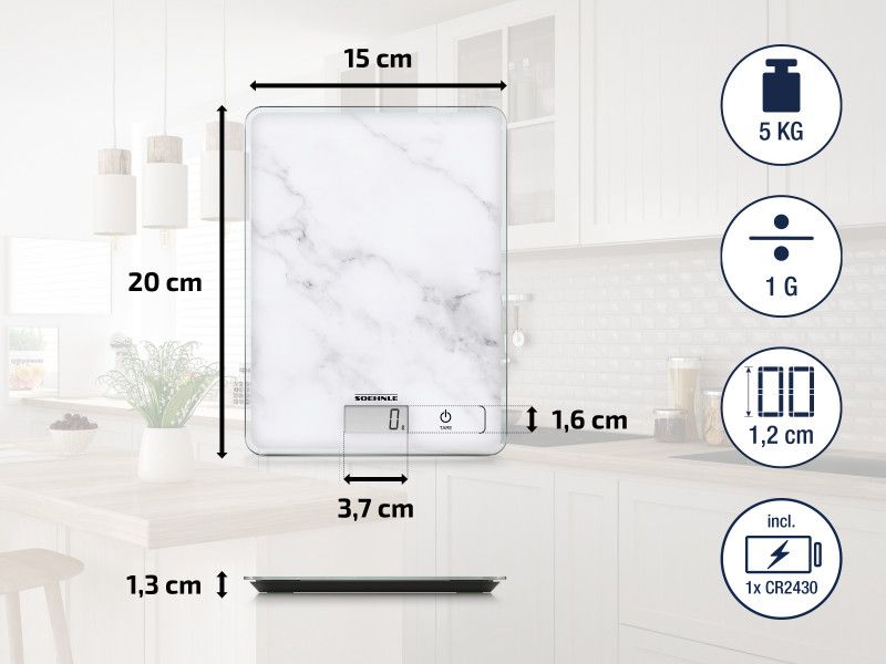 Soehnle Digital Kitchen Scale with marble design, 5 kg capacity, LCD display, touch controls, and tare function for easy measurement.