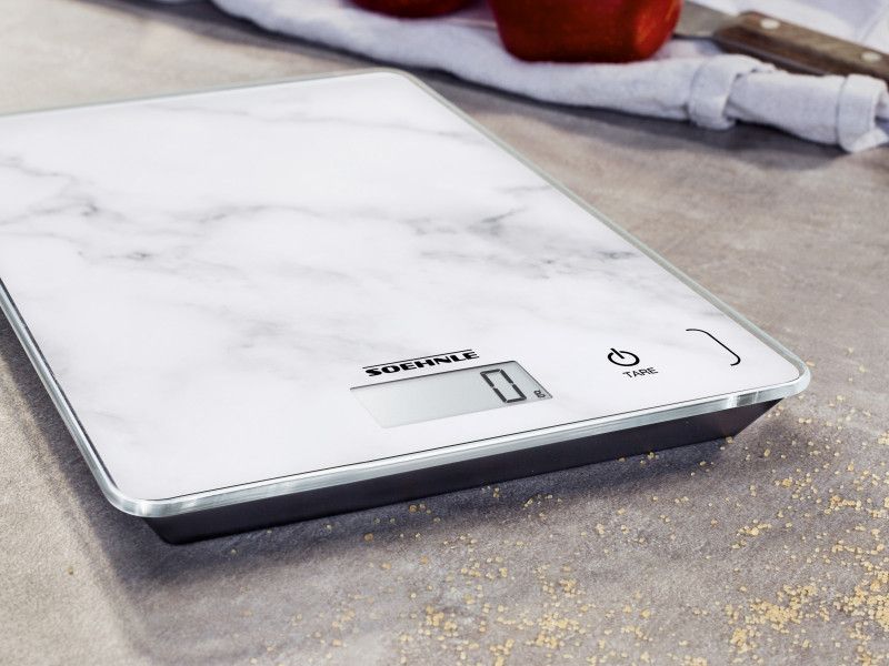 Soehnle Digital Kitchen Scale in Marble design, compact, 5kg capacity, LCD display, sensor touch, ideal for precise cooking.