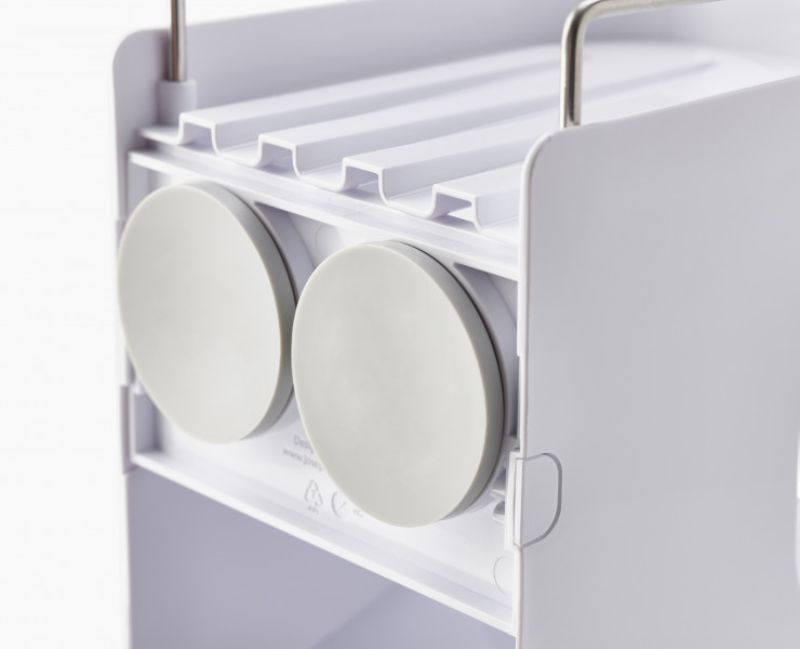 Joseph Joseph Capsule Compact 2-Tier Shower Shelf with stainless-steel rail, hooks, and suction cups for efficient bathroom storage.