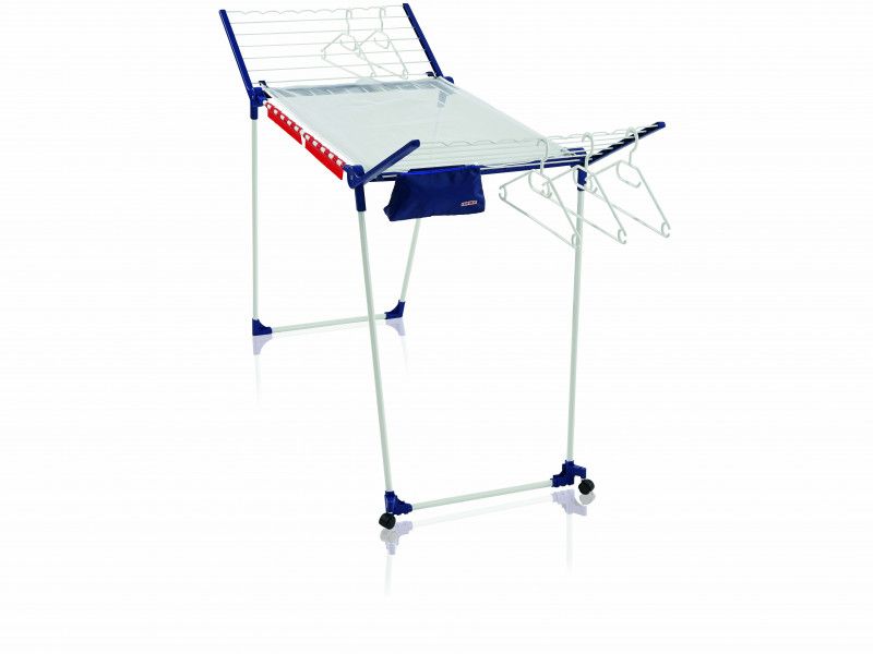 Leifheit Pegasus 200 Solid Deluxe mobile clothes dryer with 20 meters drying line, holders for small items, and dual swivel wheels.