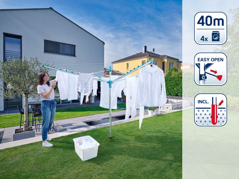 Leifheit Linomatic 400 Easy Rotary Dryer with 40m of line for outdoor laundry, featuring Easy-Lift and line retraction system.