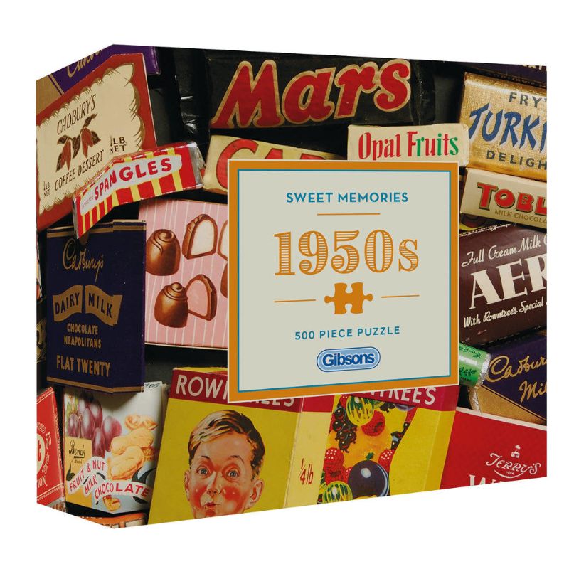 500-piece jigsaw puzzle featuring nostalgic 1950s scenes, made from recycled materials, perfect for family fun.