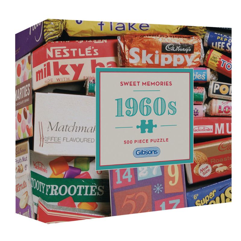 500-piece jigsaw puzzle featuring a colorful collage of nostalgic 1960s sweets, eco-friendly and fun for all ages.