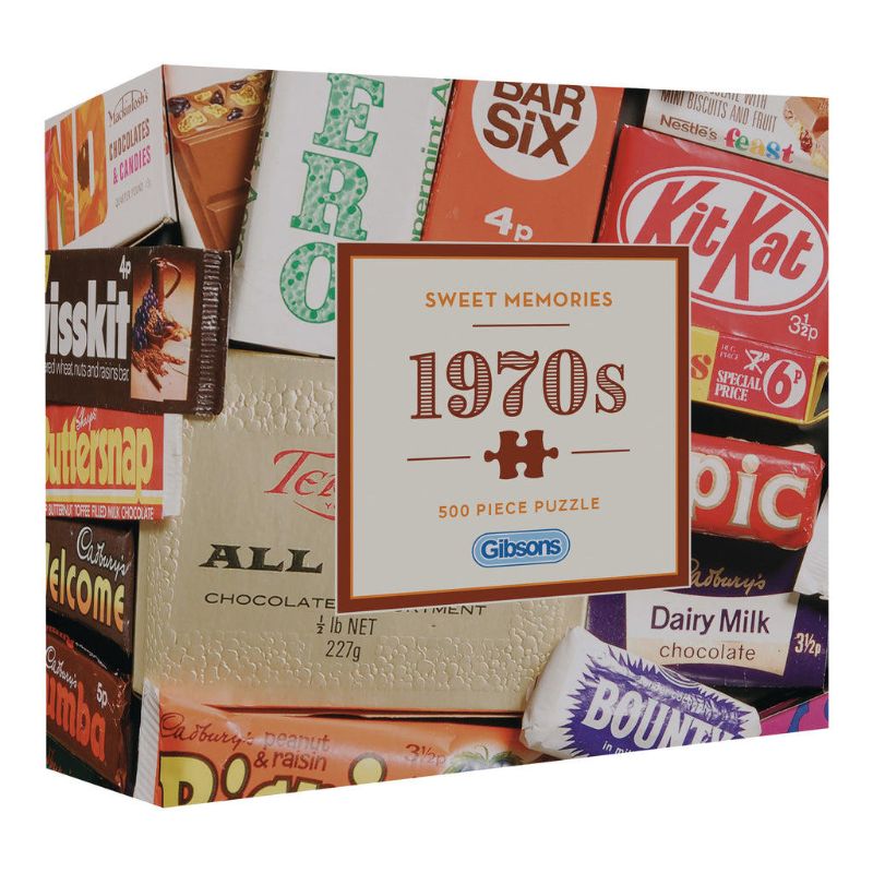 500-piece jigsaw puzzle capturing nostalgic 1970s sweets, crafted from recycled materials for eco-friendly fun.