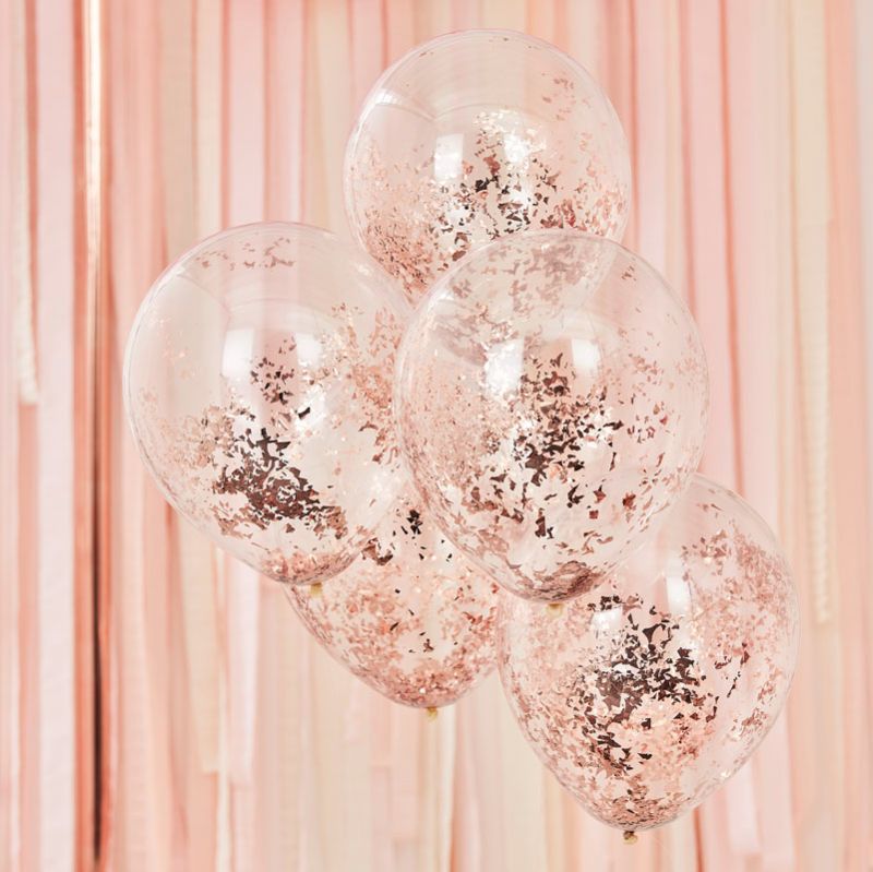 Rose gold foil confetti filled balloons, 12-inch, perfect for elegant party decor and special celebrations.
