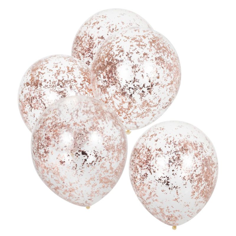 Rose gold foil confetti-filled balloons, perfect for elegant celebrations and enhancing party décor.