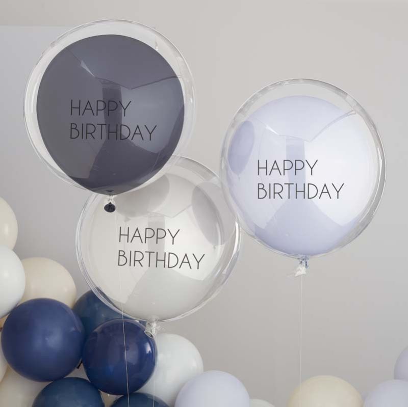 Blue and grey double-layered birthday balloon bundle, featuring three 18-inch balloons for cheerful celebrations.