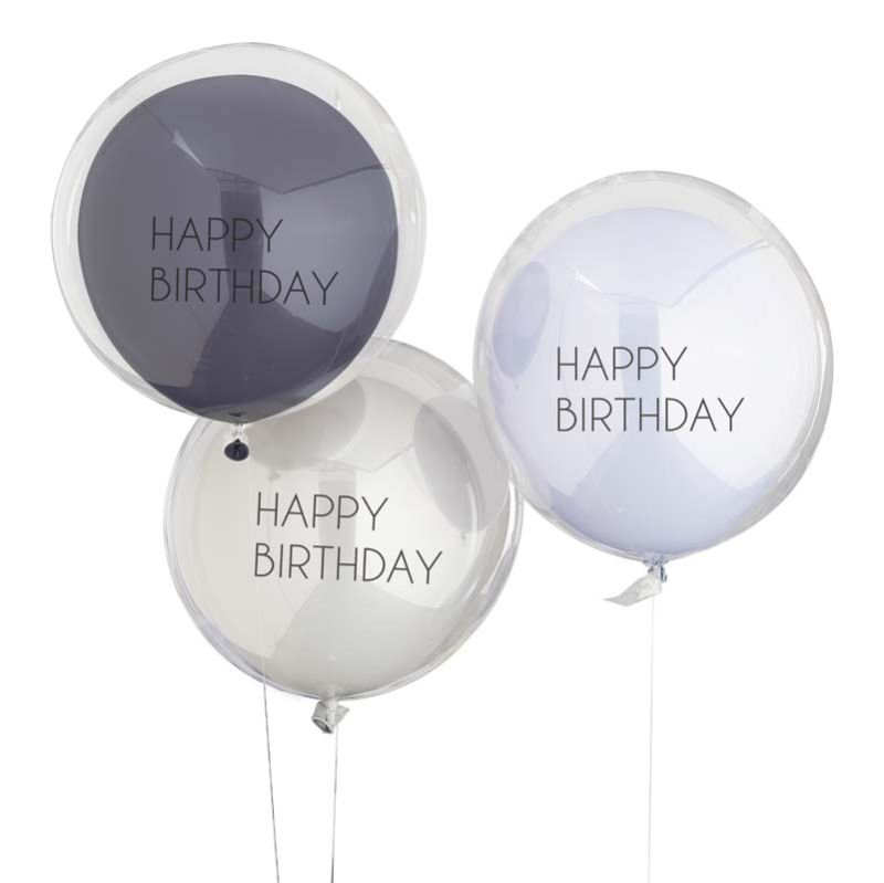 Blue and grey double layered birthday balloons, pack of 3, perfect for stylish celebrations and eco-friendly decor.
