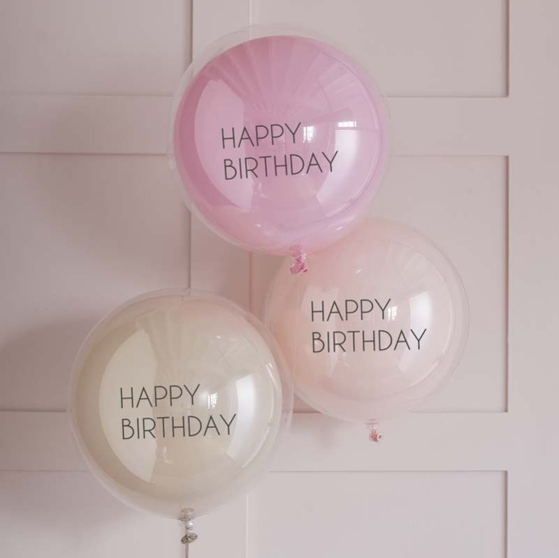 Pink double layered Happy Birthday balloon bundle with elegant pastel shades for festive celebrations.