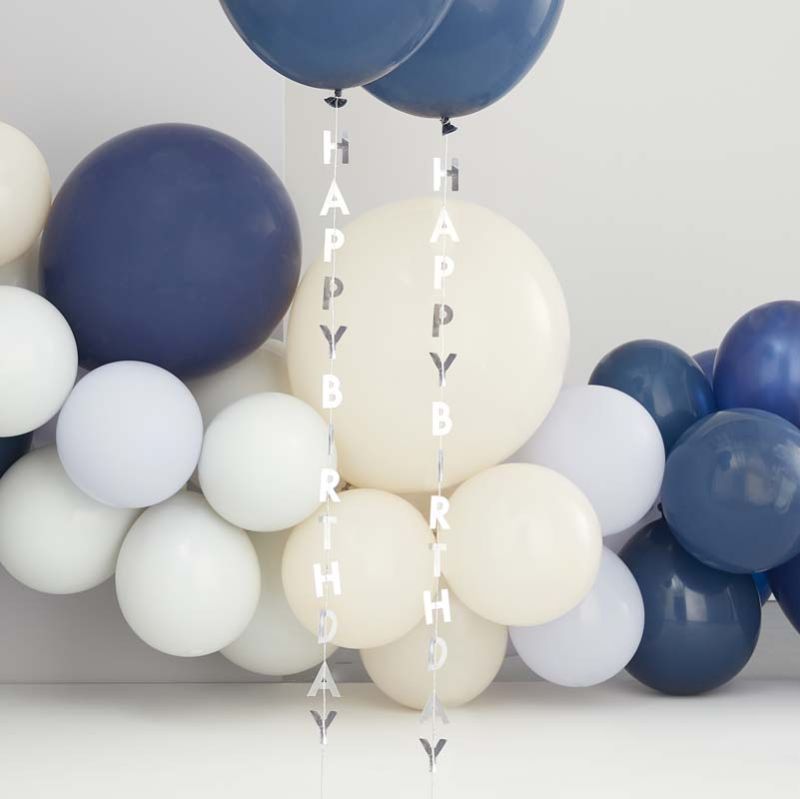 Silver Happy Birthday Balloon Tails, 1m long, perfect for enhancing party balloons and décor with stylish flair.