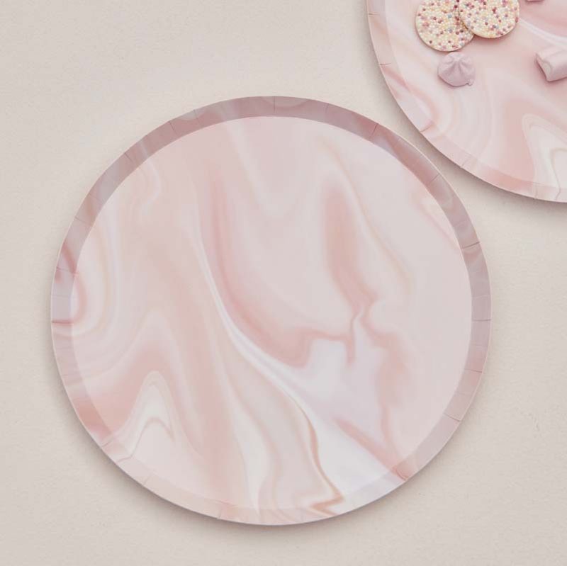 Elegant pink marble print paper plates, 25cm, eco-friendly, perfect for stylish parties and celebrations.