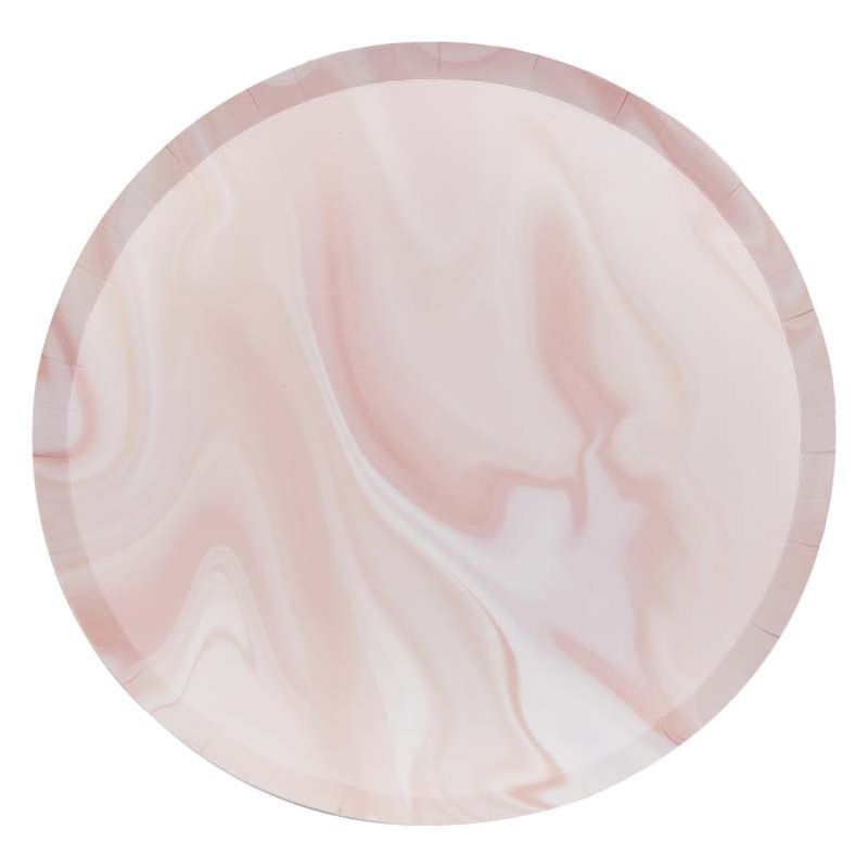 Elegant pink marble print paper plates, 25cm, perfect for stylish parties and eco-friendly celebrations.