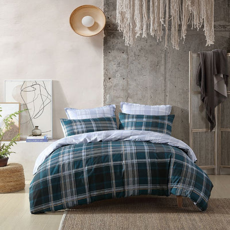 Chic teal and silver check duvet cover set from LOGAN & MASON, featuring softness and reversible design for stylish bedding.