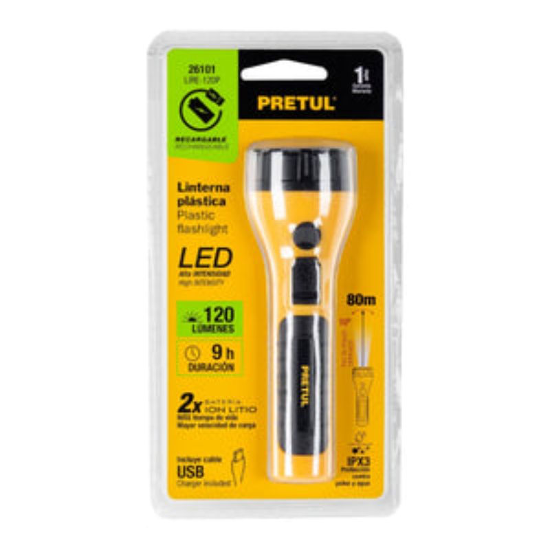 Compact TORCH 1-LED Rechargeable flashlight with 120 lumens, 9-hour runtime, and 80m beam distance for outdoor and DIY use.