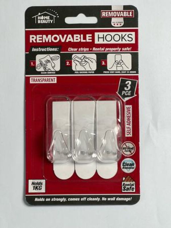 Self Adhesive Hooks - 1kg Rem CLEAR (12 Packs)