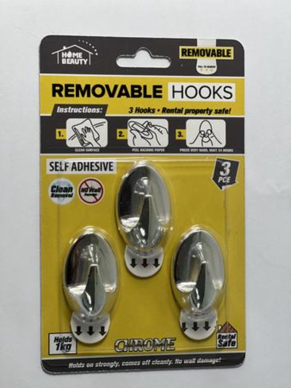 Chrome Self Adhesive Hooks - 1kg Rem (12 Packs)