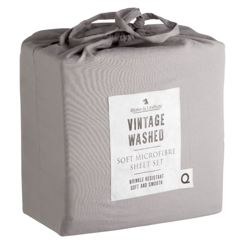 King Single Sheet Set in Pewter, made of soft, wrinkle-resistant microfibre, includes flat sheet, fitted sheet, and pillowcase.