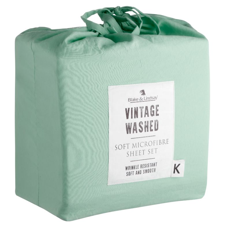 Queen sheet set in sea mist, featuring soft microfibre, wrinkle-resistant finish, and deep pocket fitted sheet.