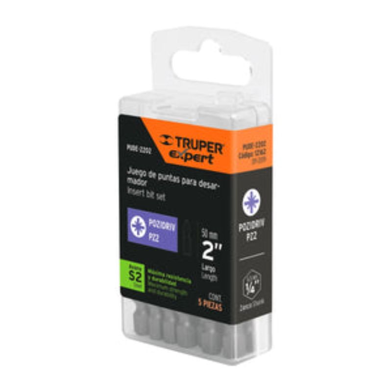 Truper 50mm Pozi #2 screwdriver bits in a 5-pack, made from durable S2 steel for precise fit and reduced cam-out.