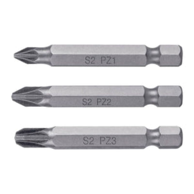 5-piece Pozi screwdriver bits set, 50mm length, made of durable S2 steel, includes sizes #1, #2, and #3 for versatile use.
