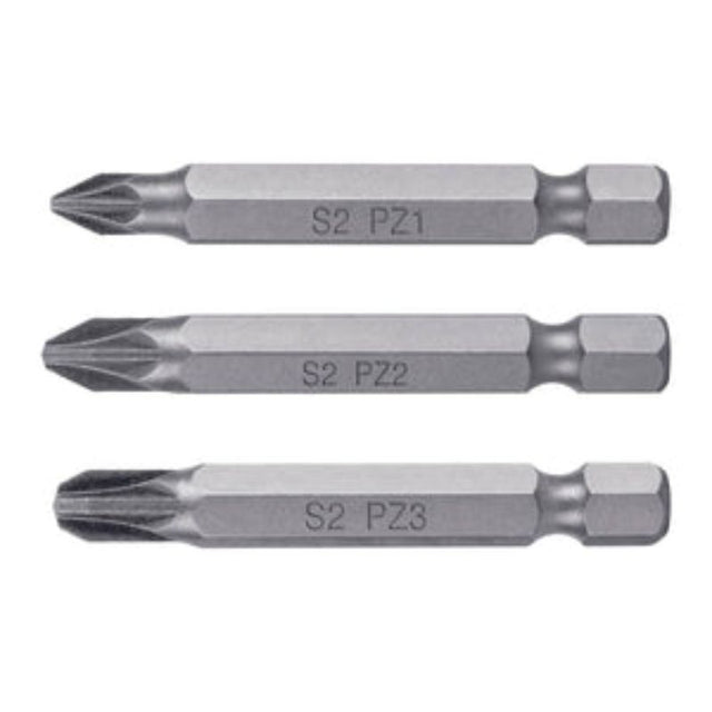5-piece Pozi screwdriver bits set, 50mm length, made of durable S2 steel, includes sizes #1, #2, and #3 for versatile use.