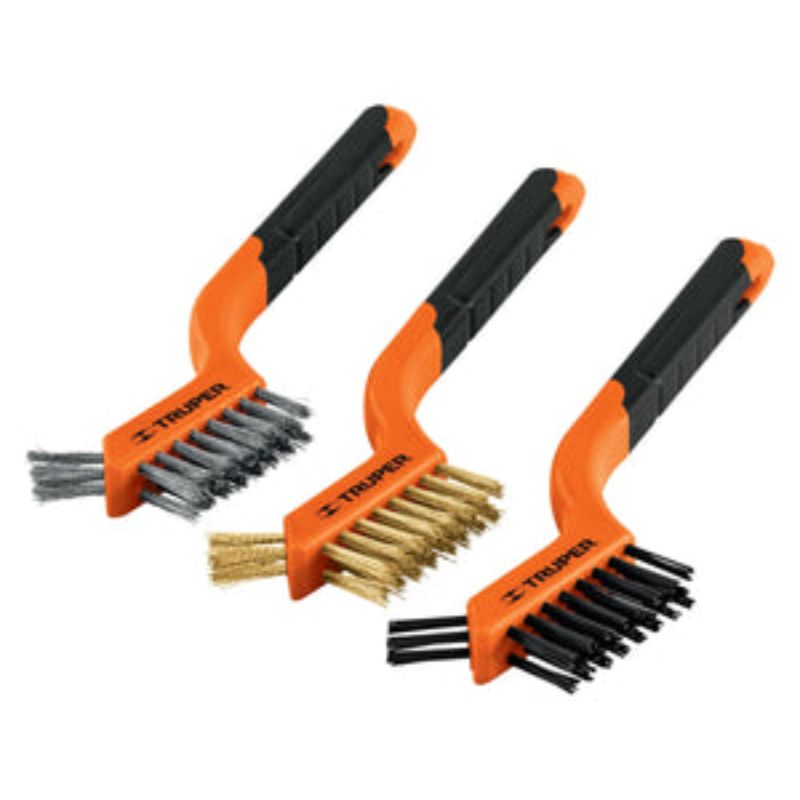 3-piece mini wire brush set including Nylon, Brass, and Stainless Steel brushes for versatile cleaning tasks.
