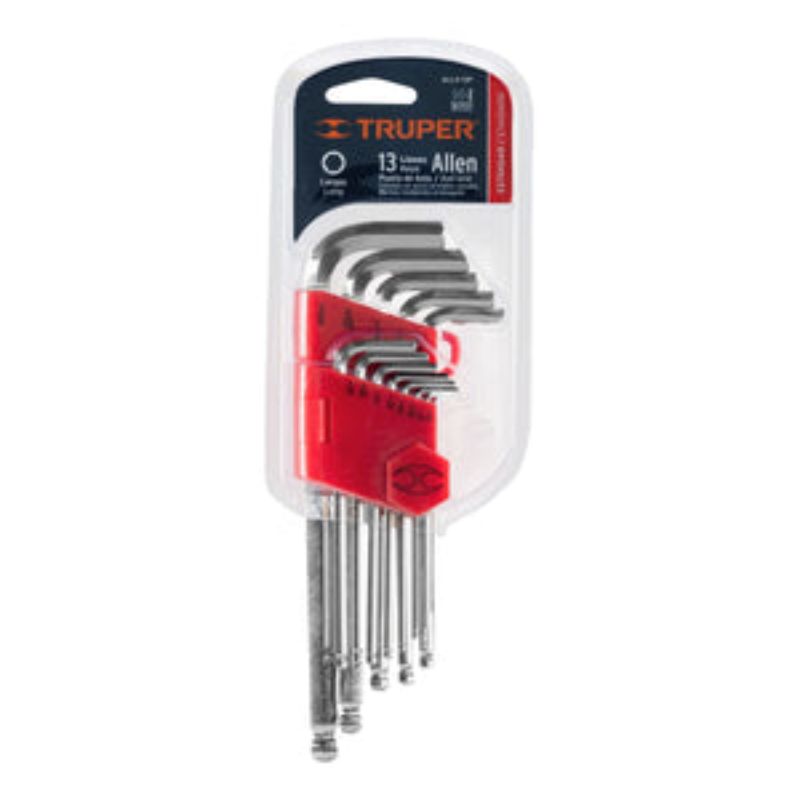 Long Arm Hex Key Set with 13 keys made of durable chrome vanadium steel, featuring enhanced torque and a collapsible organizer.