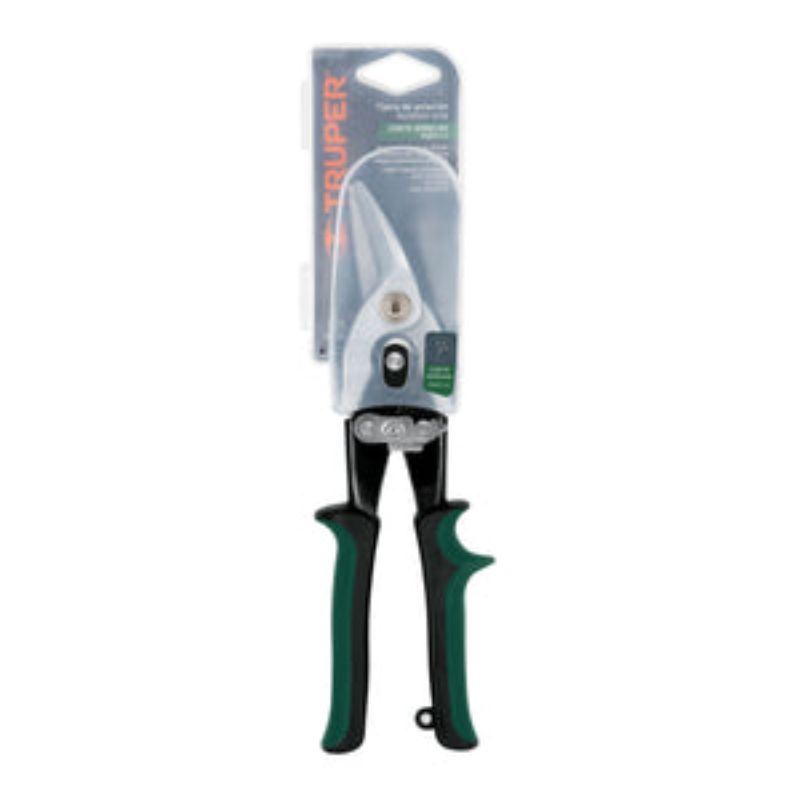 Aviation snips with forged chrome molybdenum steel blades and ergonomic green handles for right-hand cutting precision.