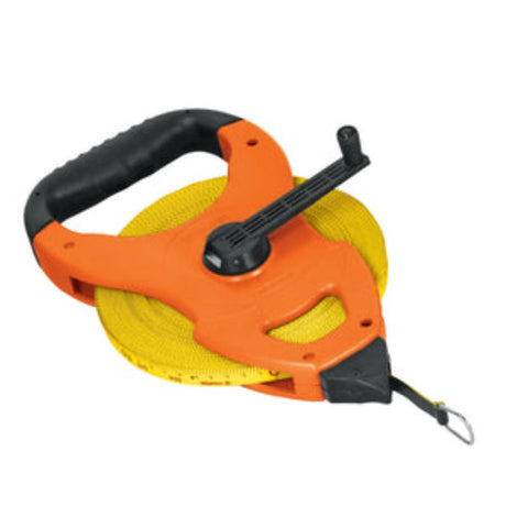 Truper 50m fibreglass tape measure with ergonomic grip, moisture-resistant, and clear metric markings for precision measuring.