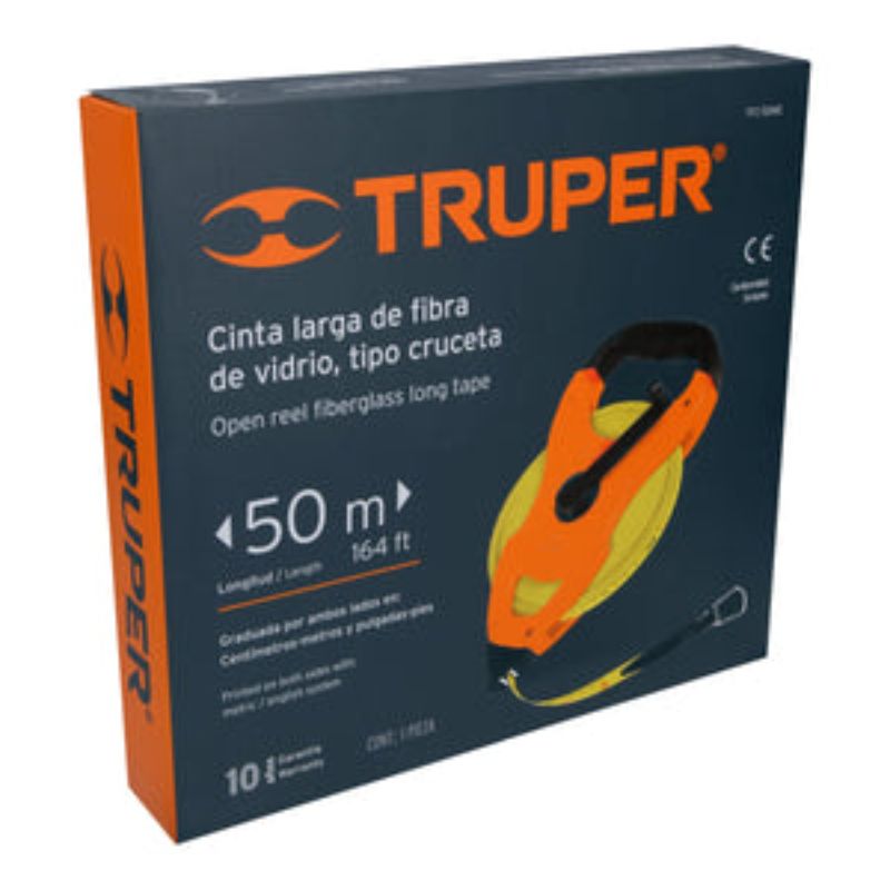 Truper 50m fibreglass tape measure with ergonomic handle and clear metric markings, ideal for accurate measurements.